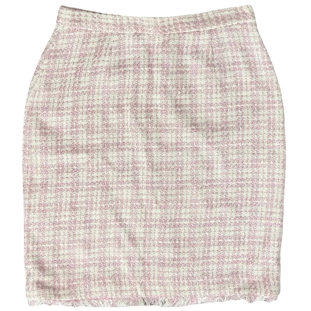Chantal Gaudreau Pink White Tweed Fringe Hem Pencil Skirt Size 10 Barbiecore - Picture 2 of 8